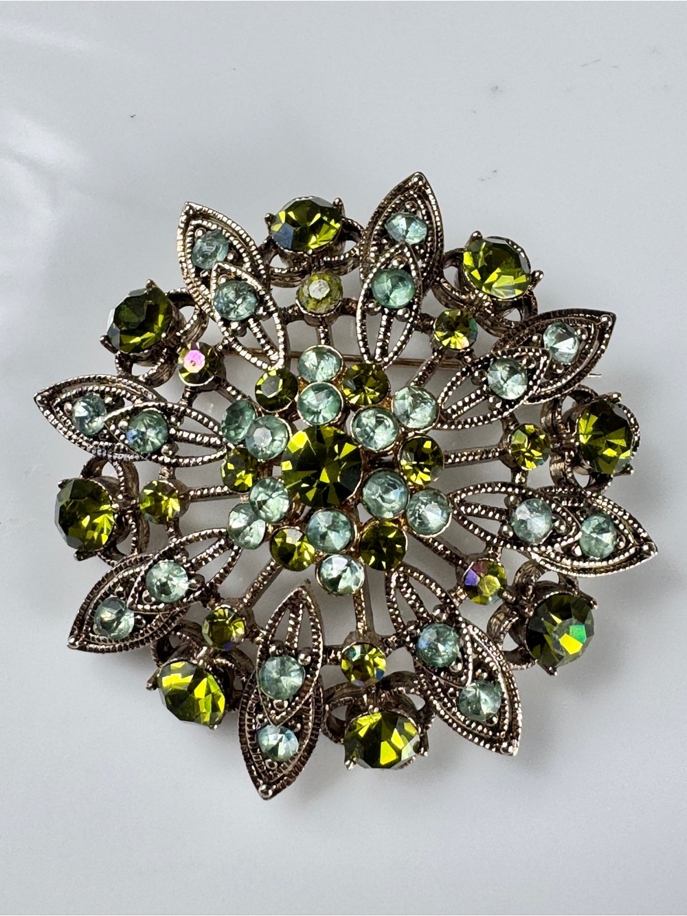 Liz Claiborne Olive and Mint Green Crystal Floral Brooch
